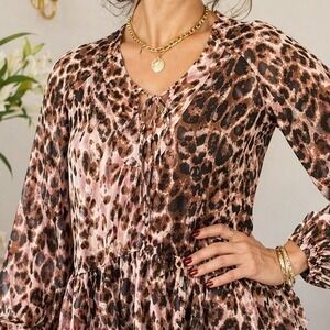 Bebe Leopard Print Pink Sheer Peplum Tunic Mob Wife Y2K Indie Sleaze Party Chic